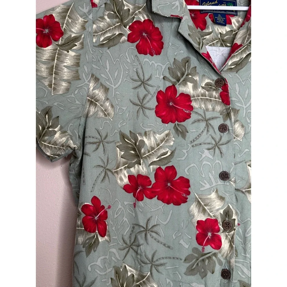 Island Traders VTG Women's XL Sage Green Red Hibiscus Tropical Rayon Camp Shirt